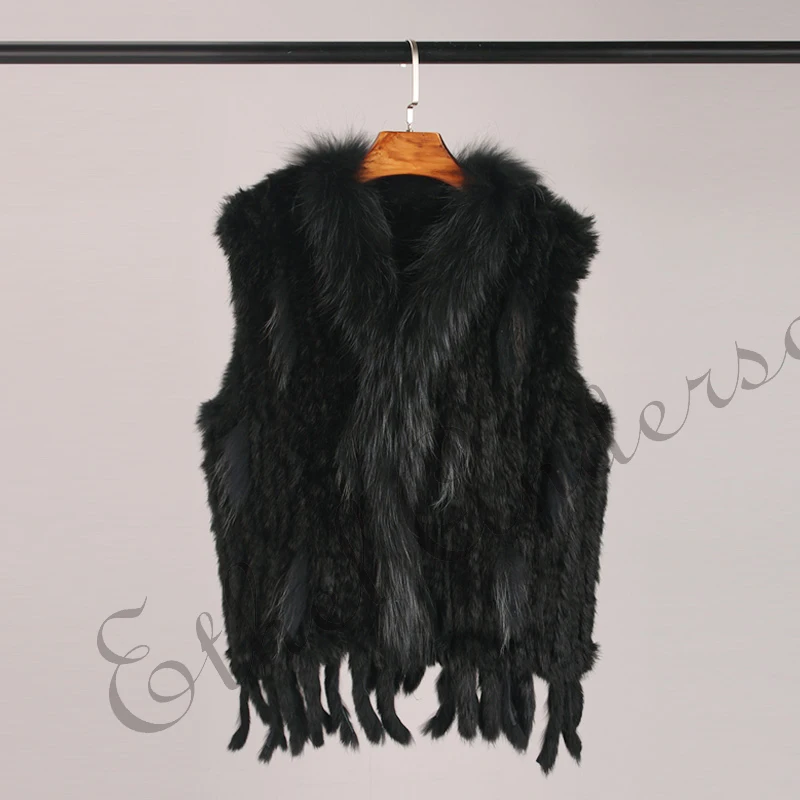 ETHEL ANDERSON Genuine Rabbit Fur Vest Gilet Tassels High Quality Real Fur Kintted Waistcoat Vtg Raccoon Fur Collar Outwear Top