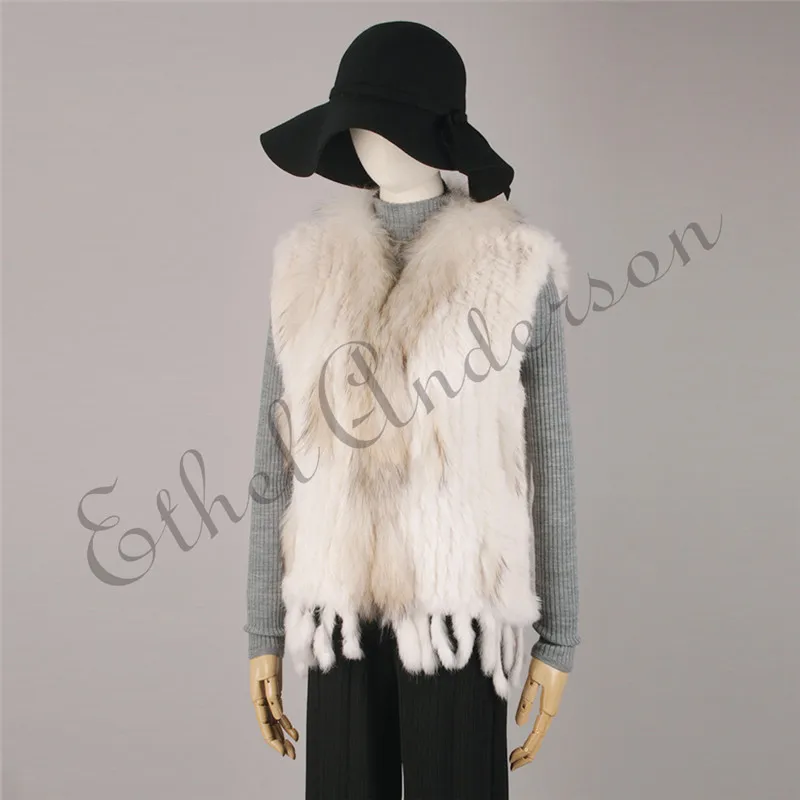 ETHEL ANDERSON Genuine Rabbit Fur Vest Gilet Tassels High Quality Real Fur Kintted Waistcoat Vtg Raccoon Fur Collar Outwear Top
