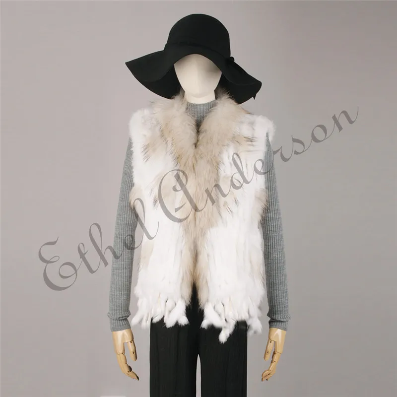 ETHEL ANDERSON Genuine Rabbit Fur Vest Gilet Tassels High Quality Real Fur Kintted Waistcoat Vtg Raccoon Fur Collar Outwear Top
