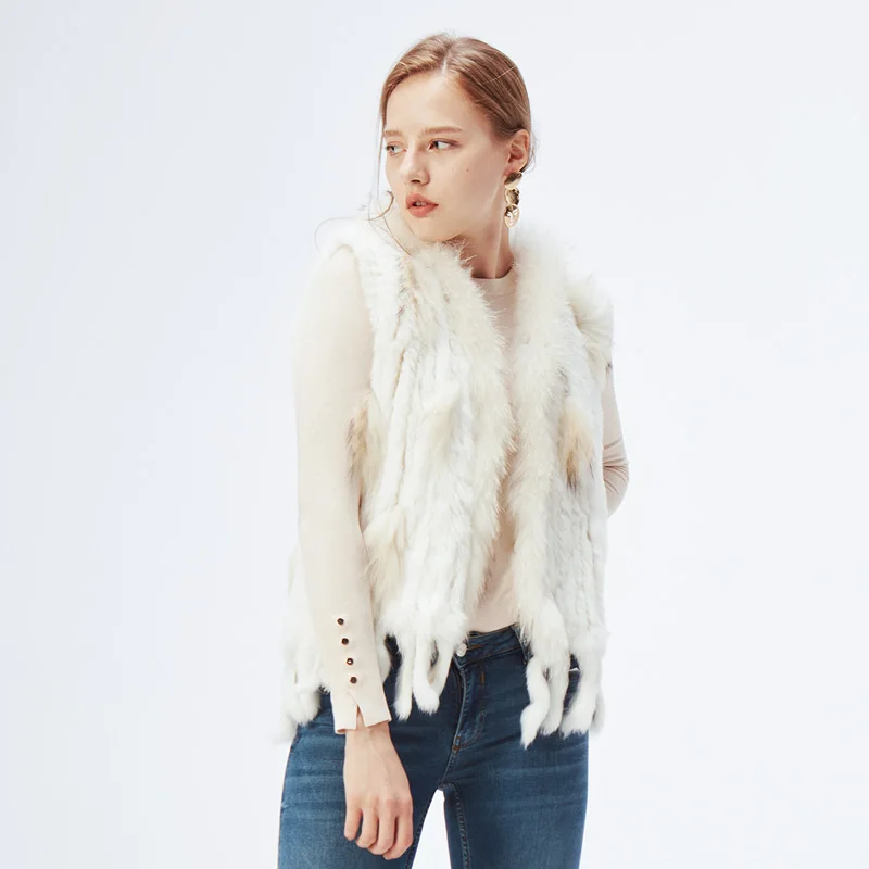 ETHEL ANDERSON Genuine Rabbit Fur Vest Gilet Tassels High Quality Real Fur Kintted Waistcoat Vtg Raccoon Fur Collar Outwear Top