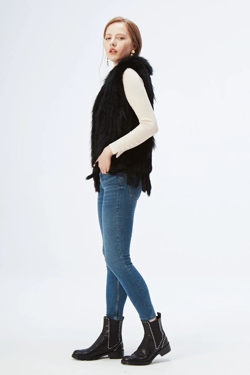 ETHEL ANDERSON Genuine Rabbit Fur Vest Gilet Tassels High Quality Real Fur Kintted Waistcoat Vtg Raccoon Fur Collar Outwear Top