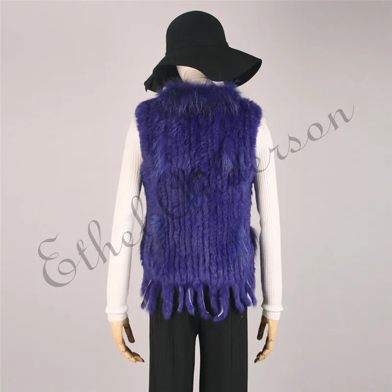ETHEL ANDERSON Genuine Rabbit Fur Vest Gilet Tassels High Quality Real Fur Kintted Waistcoat Vtg Raccoon Fur Collar Outwear Top