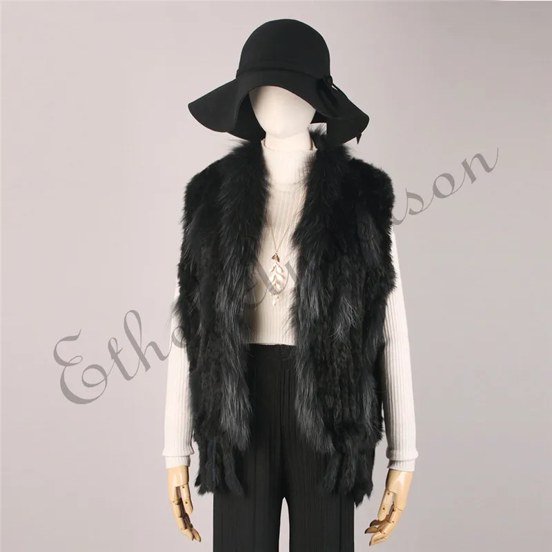 ETHEL ANDERSON Genuine Rabbit Fur Vest Gilet Tassels High Quality Real Fur Kintted Waistcoat Vtg Raccoon Fur Collar Outwear Top