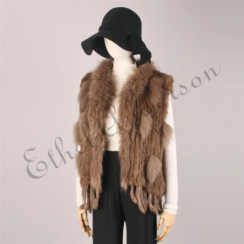 ETHEL ANDERSON Genuine Rabbit Fur Vest Gilet Tassels High Quality Real Fur Kintted Waistcoat Vtg Raccoon Fur Collar Outwear Top