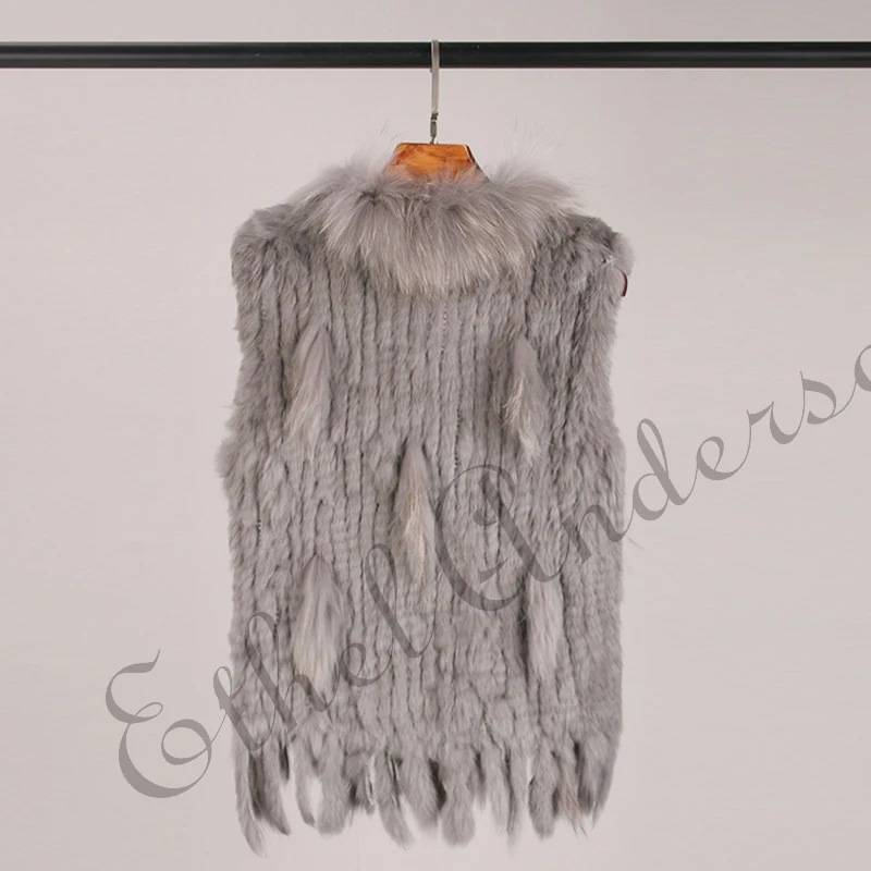 ETHEL ANDERSON Genuine Rabbit Fur Vest Gilet Tassels High Quality Real Fur Kintted Waistcoat Vtg Raccoon Fur Collar Outwear Top