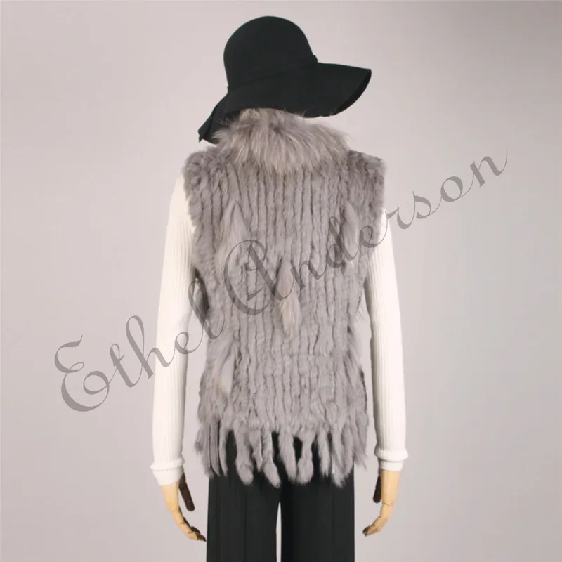 ETHEL ANDERSON Genuine Rabbit Fur Vest Gilet Tassels High Quality Real Fur Kintted Waistcoat Vtg Raccoon Fur Collar Outwear Top