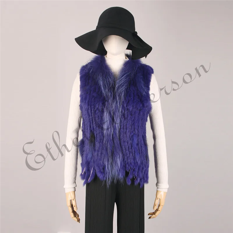 ETHEL ANDERSON Genuine Rabbit Fur Vest Gilet Tassels High Quality Real Fur Kintted Waistcoat Vtg Raccoon Fur Collar Outwear Top