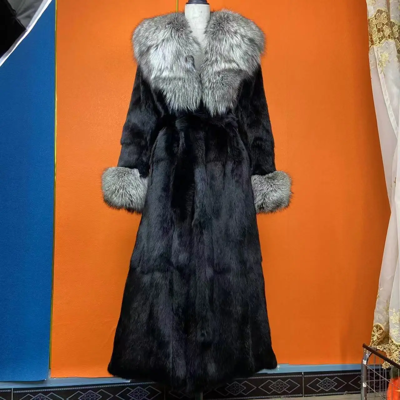 Hot Selling Women Natural Rabbit Fur Jacket Winter Real Fur Coat Fashion Fox Fur Turn-Down Collar Thick Warm Streetwear