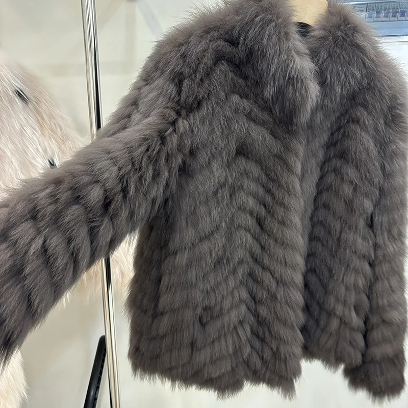 Women Winter Thick Long Real Fox Fur Strip Sewed Toghter Slim Coat Coffee Natural Fox Fur Collar Black Jacket Overcoat