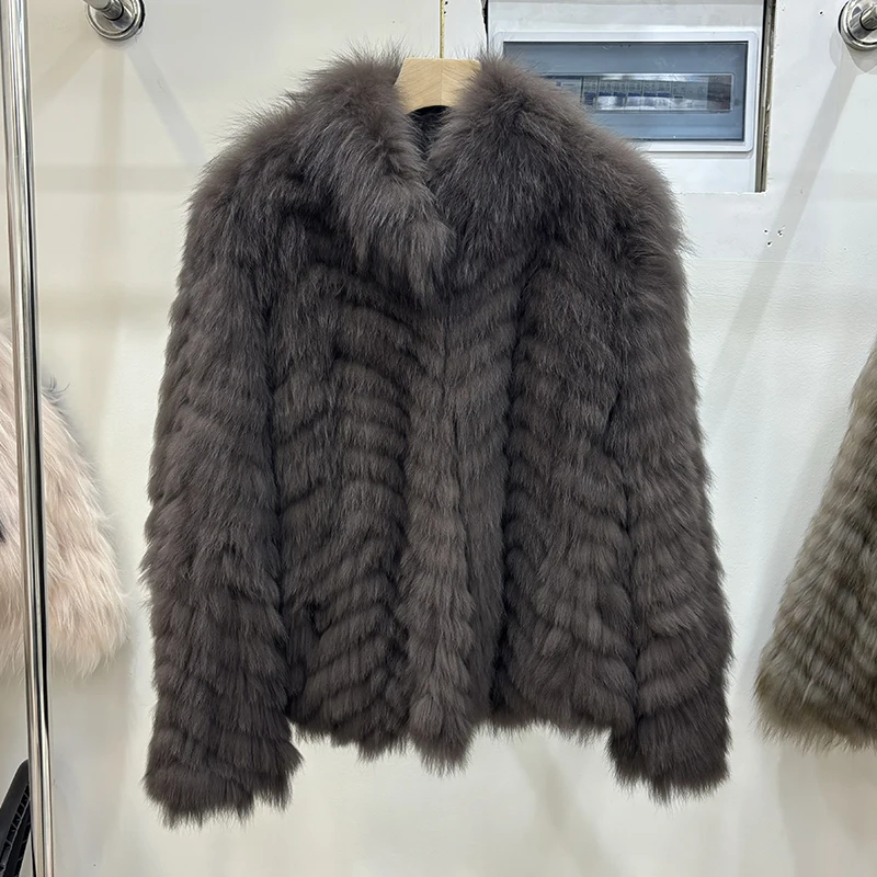 Women Winter Thick Long Real Fox Fur Strip Sewed Toghter Slim Coat Coffee Natural Fox Fur Collar Black Jacket Overcoat