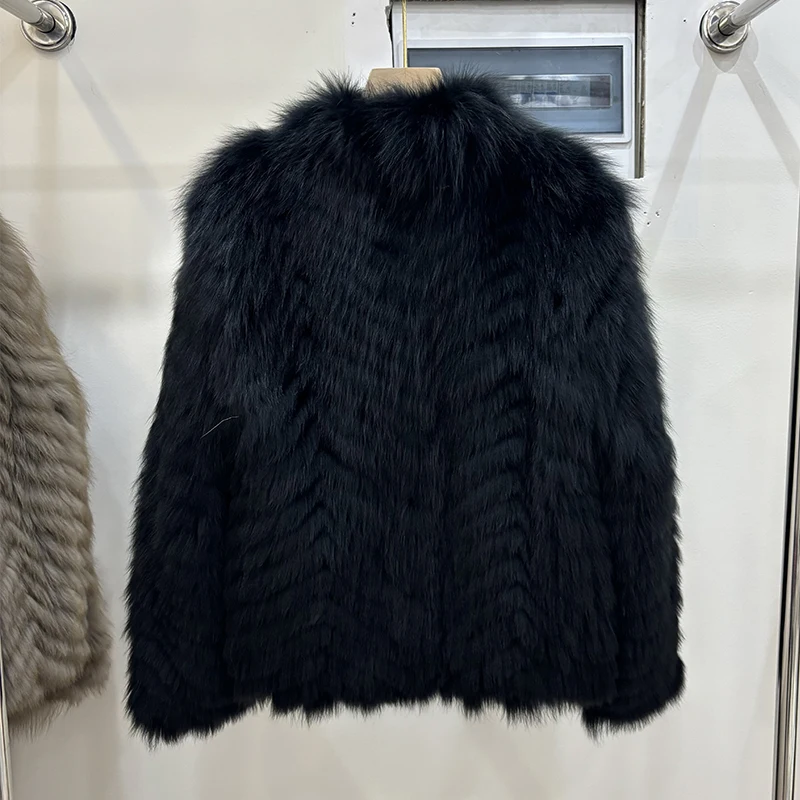 Women Winter Thick Long Real Fox Fur Strip Sewed Toghter Slim Coat Coffee Natural Fox Fur Collar Black Jacket Overcoat