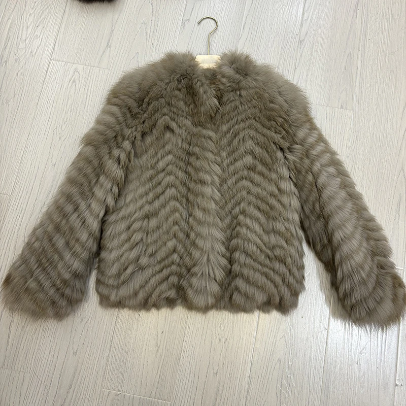 Women Winter Thick Long Real Fox Fur Strip Sewed Toghter Slim Coat Coffee Natural Fox Fur Collar Black Jacket Overcoat