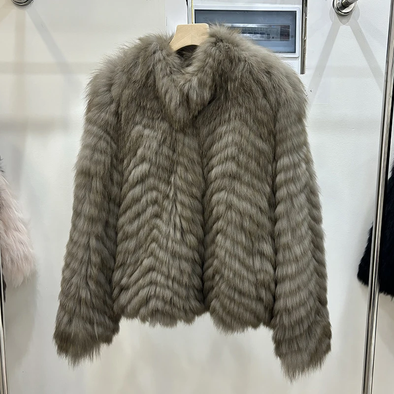 Women Winter Thick Long Real Fox Fur Strip Sewed Toghter Slim Coat Coffee Natural Fox Fur Collar Black Jacket Overcoat