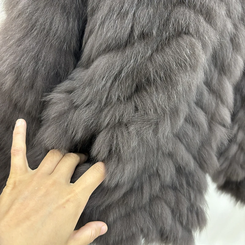 Women Winter Thick Long Real Fox Fur Strip Sewed Toghter Slim Coat Coffee Natural Fox Fur Collar Black Jacket Overcoat