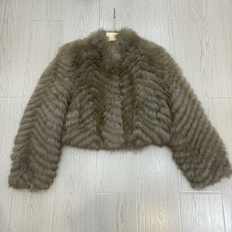 Women Winter Thick Long Real Fox Fur Strip Sewed Toghter Slim Coat Coffee Natural Fox Fur Collar Black Jacket Overcoat