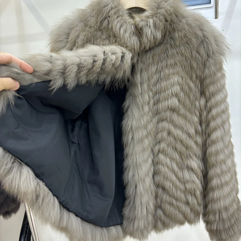 Women Winter Thick Long Real Fox Fur Strip Sewed Toghter Slim Coat Coffee Natural Fox Fur Collar Black Jacket Overcoat