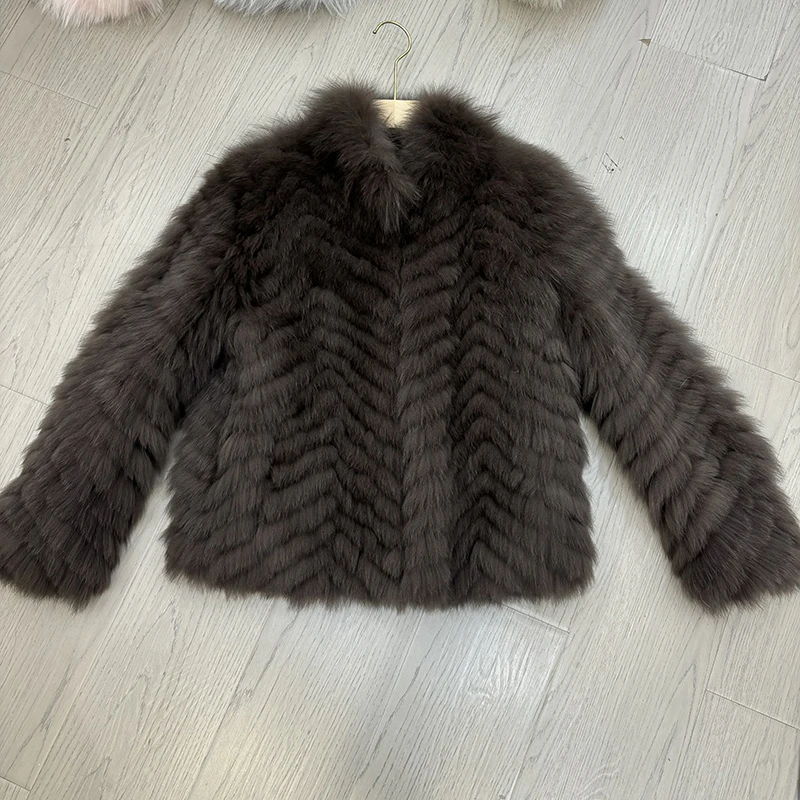 Women Winter Thick Long Real Fox Fur Strip Sewed Toghter Slim Coat Coffee Natural Fox Fur Collar Black Jacket Overcoat