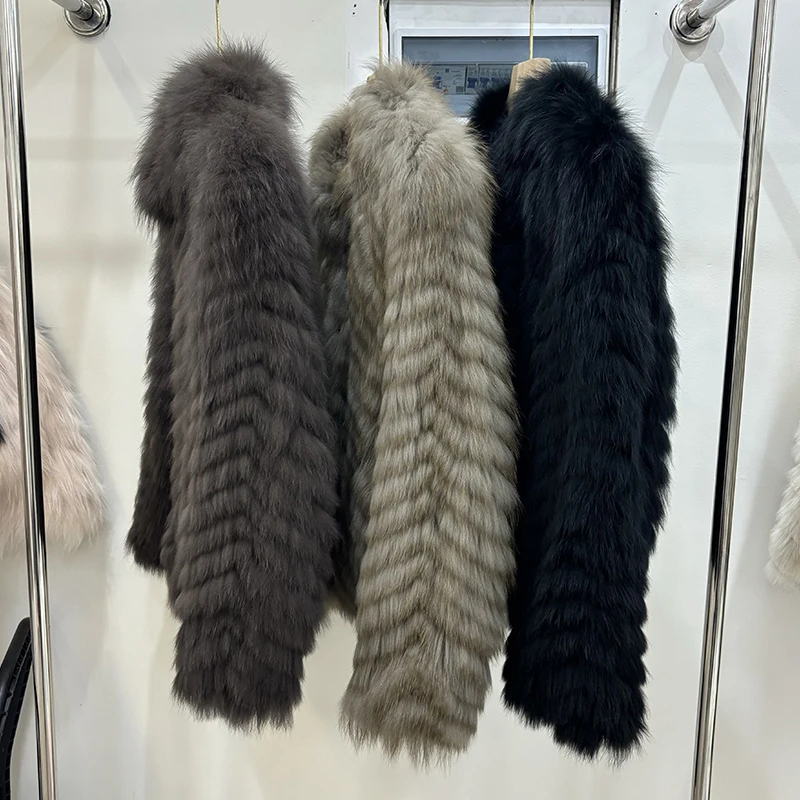 Women Winter Thick Long Real Fox Fur Strip Sewed Toghter Slim Coat Coffee Natural Fox Fur Collar Black Jacket Overcoat