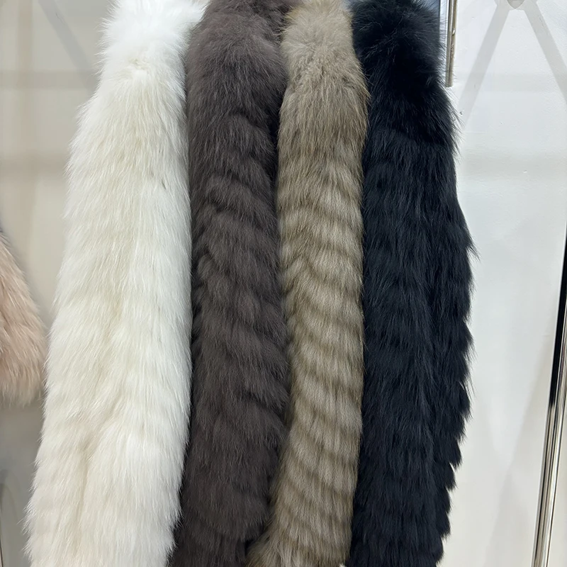 Women Winter Thick Long Real Fox Fur Strip Sewed Toghter Slim Coat Coffee Natural Fox Fur Collar Black Jacket Overcoat