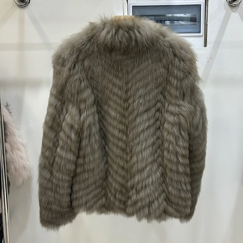 Women Winter Thick Long Real Fox Fur Strip Sewed Toghter Slim Coat Coffee Natural Fox Fur Collar Black Jacket Overcoat