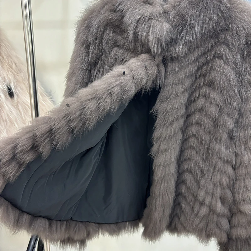 Women Winter Thick Long Real Fox Fur Strip Sewed Toghter Slim Coat Coffee Natural Fox Fur Collar Black Jacket Overcoat