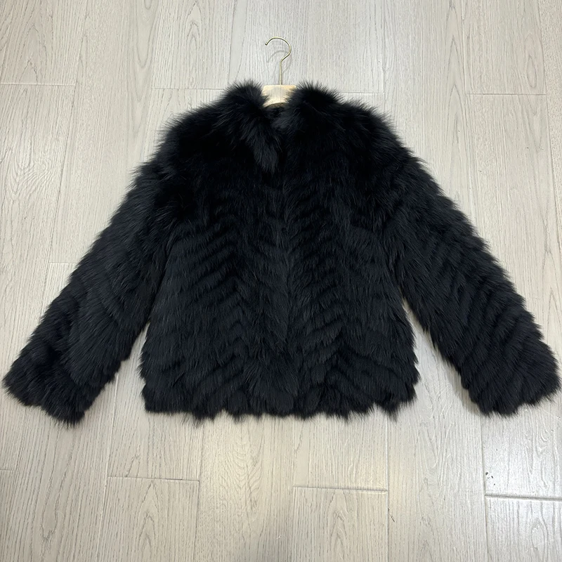 Women Winter Thick Long Real Fox Fur Strip Sewed Toghter Slim Coat Coffee Natural Fox Fur Collar Black Jacket Overcoat