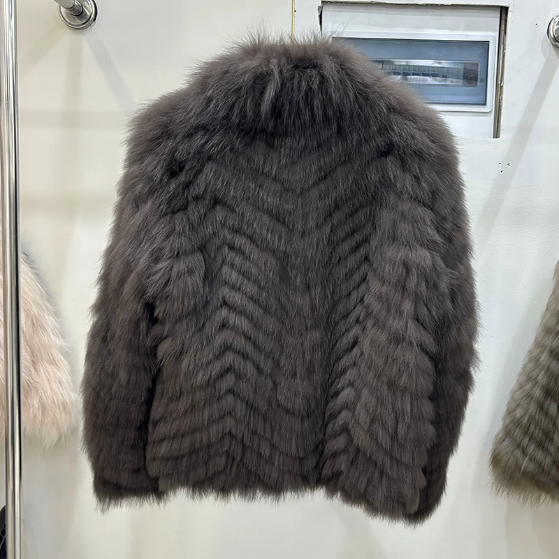 Women Winter Thick Long Real Fox Fur Strip Sewed Toghter Slim Coat Coffee Natural Fox Fur Collar Black Jacket Overcoat