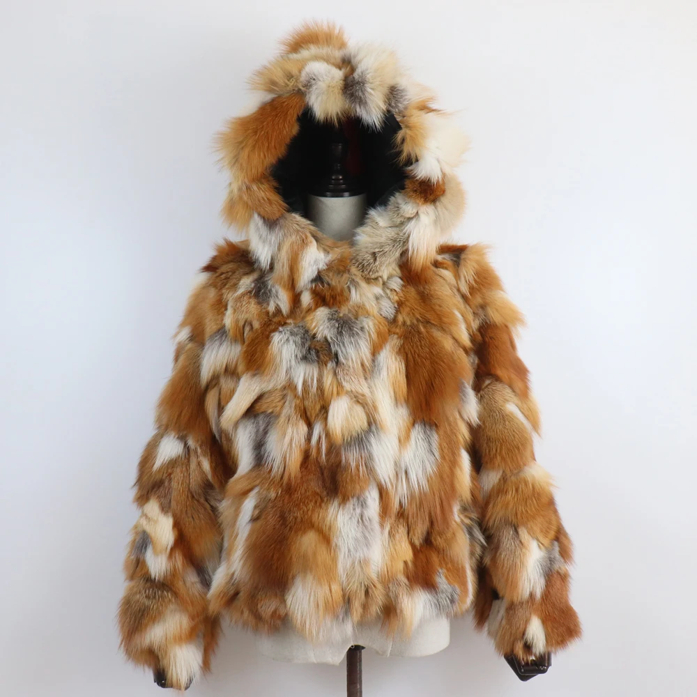 New Winter Women Real Fox Fur Hooded Coat Thick Keep Warm 100% Natural Real Fox Fur Jacket Lady Fashion Geunine Fox Fur Overcoat