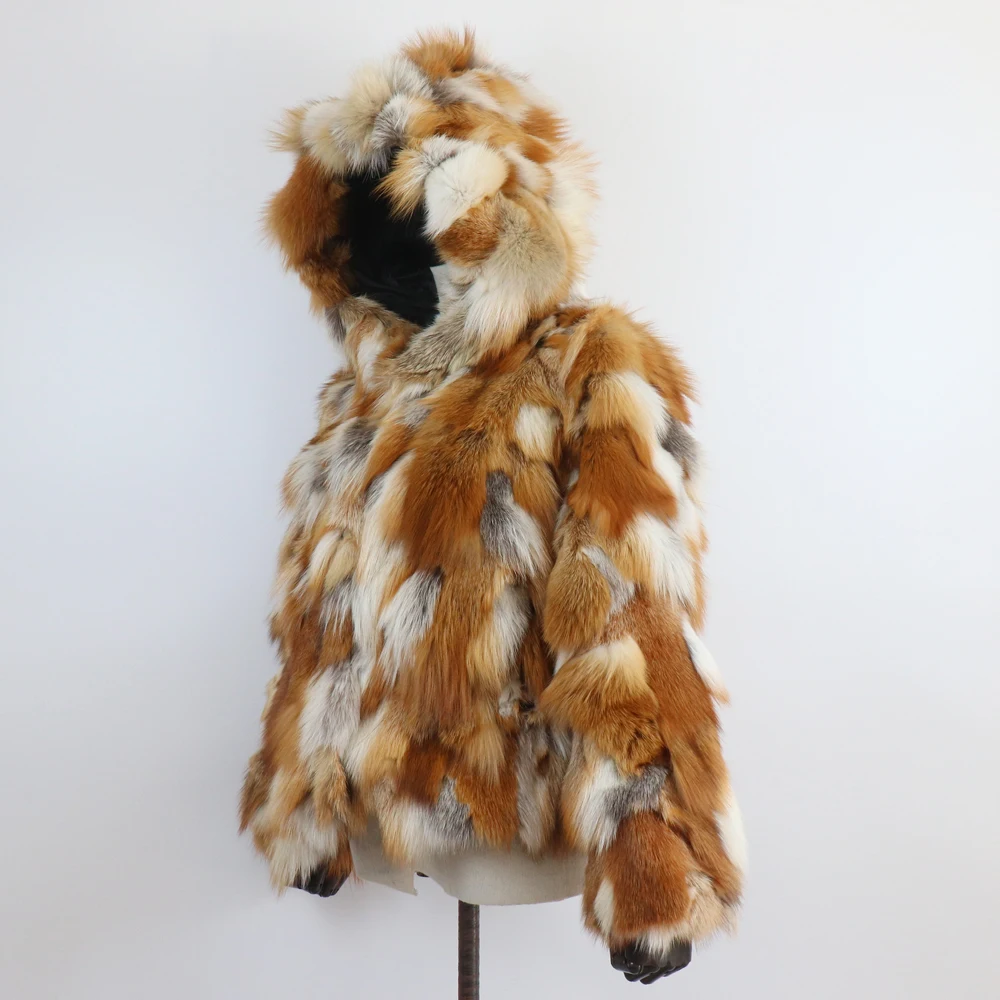 New Winter Women Real Fox Fur Hooded Coat Thick Keep Warm 100% Natural Real Fox Fur Jacket Lady Fashion Geunine Fox Fur Overcoat