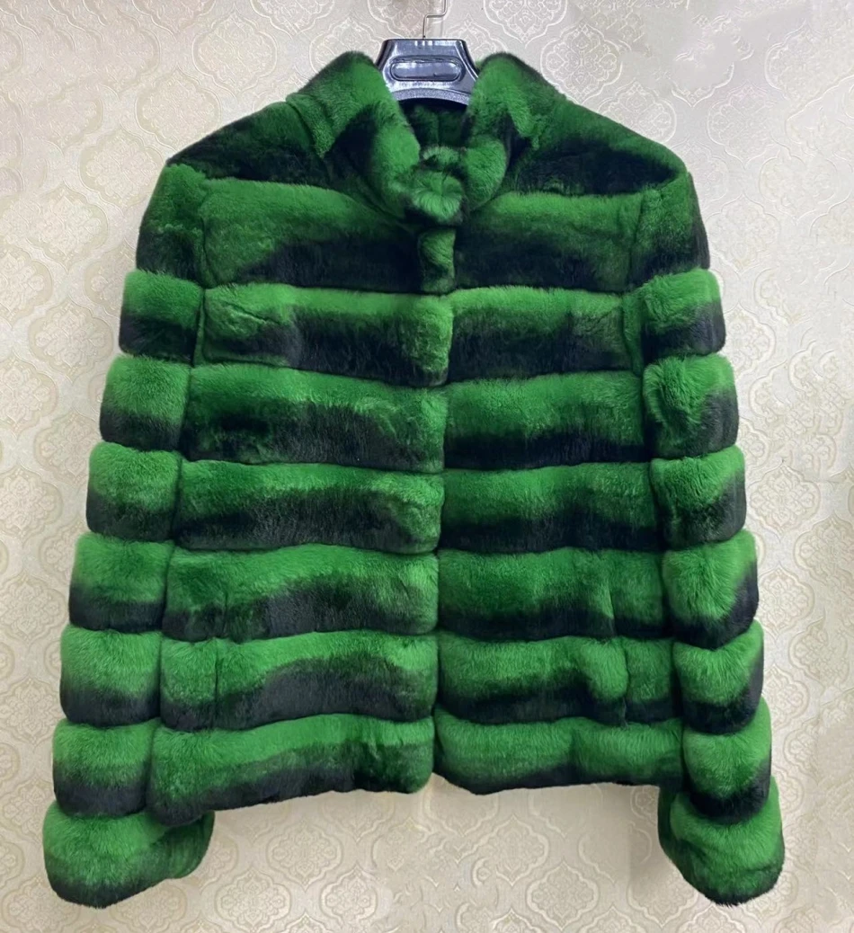 2024 New women's Chinchilla striped jacket Real Rex Rabbit fur fur all-in-one fur coat coat length 60cm package mail winter thic