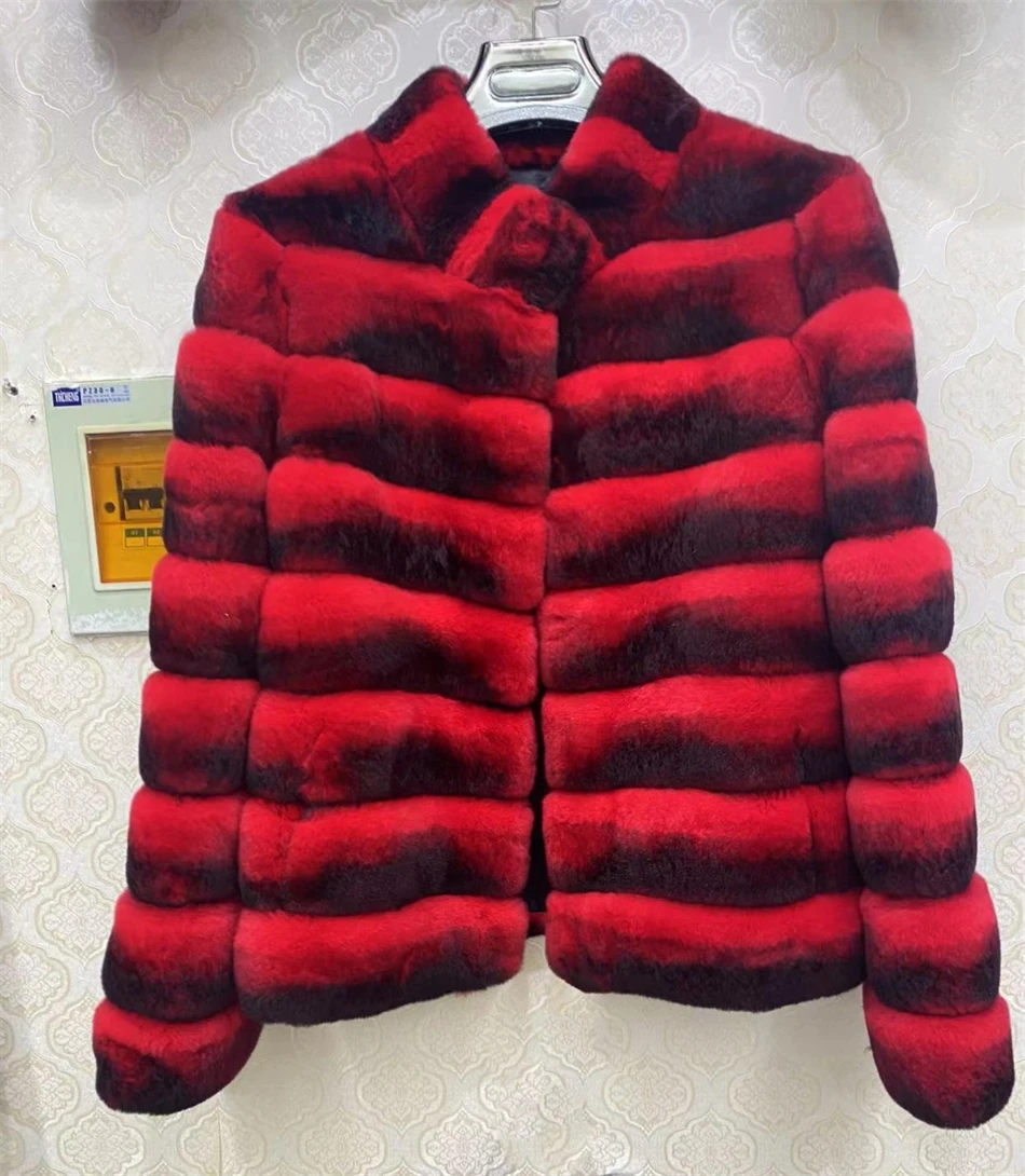 2024 New women's Chinchilla striped jacket Real Rex Rabbit fur fur all-in-one fur coat coat length 60cm package mail winter thic