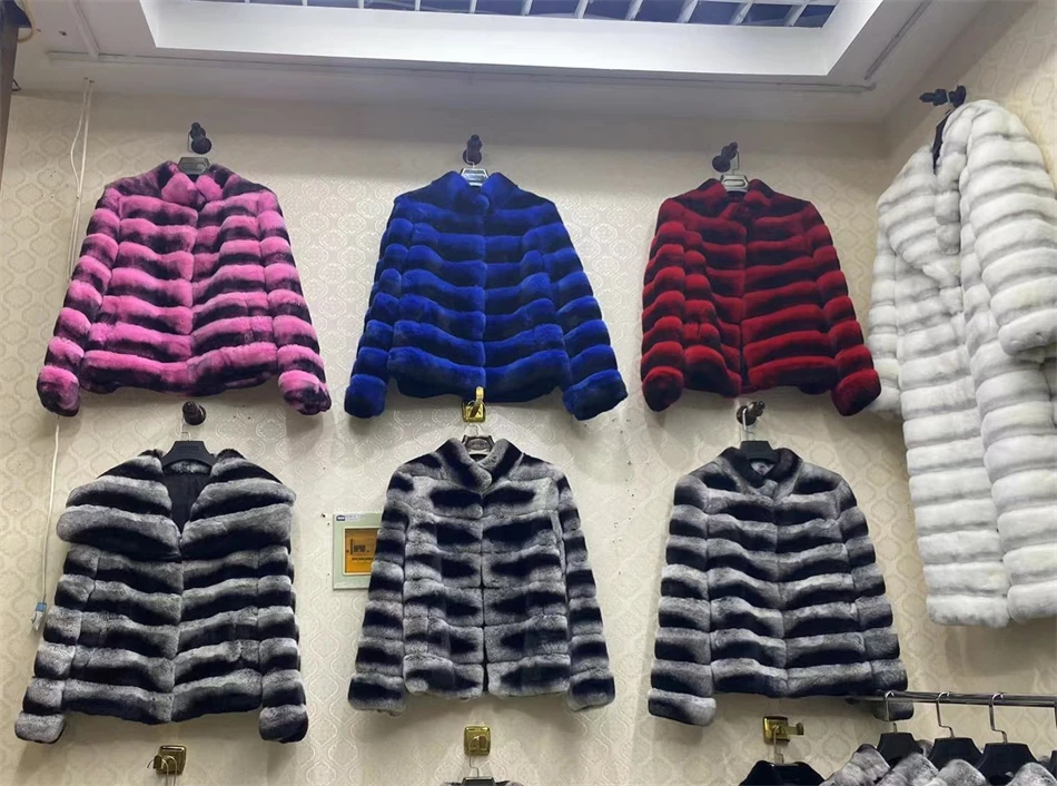 2024 New women's Chinchilla striped jacket Real Rex Rabbit fur fur all-in-one fur coat coat length 60cm package mail winter thic