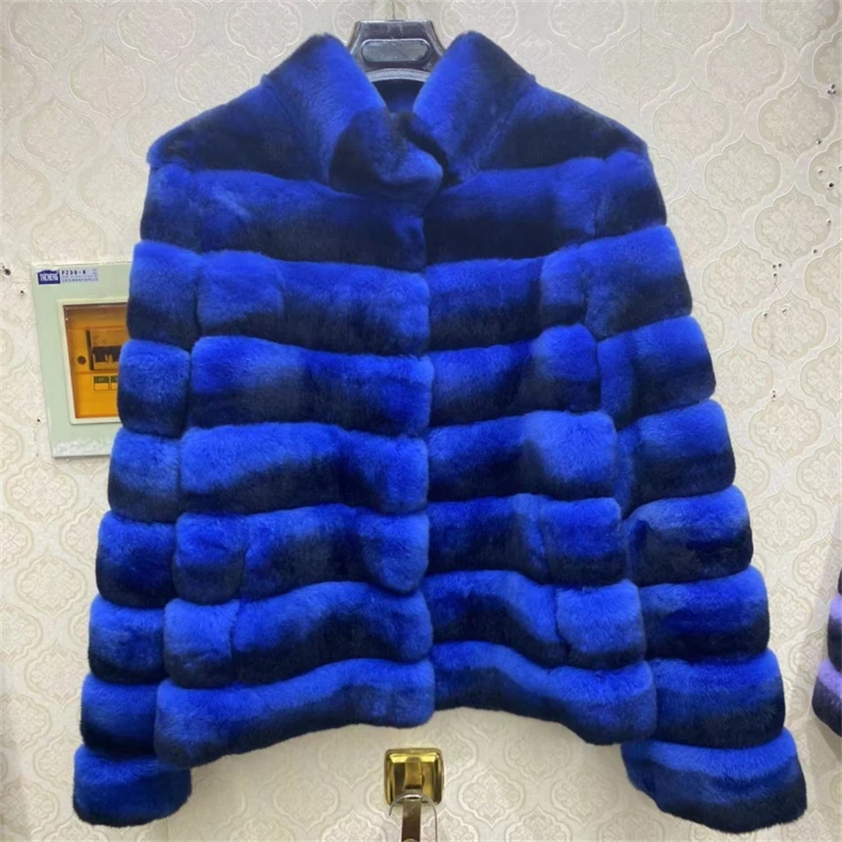 2024 New women's Chinchilla striped jacket Real Rex Rabbit fur fur all-in-one fur coat coat length 60cm package mail winter thic