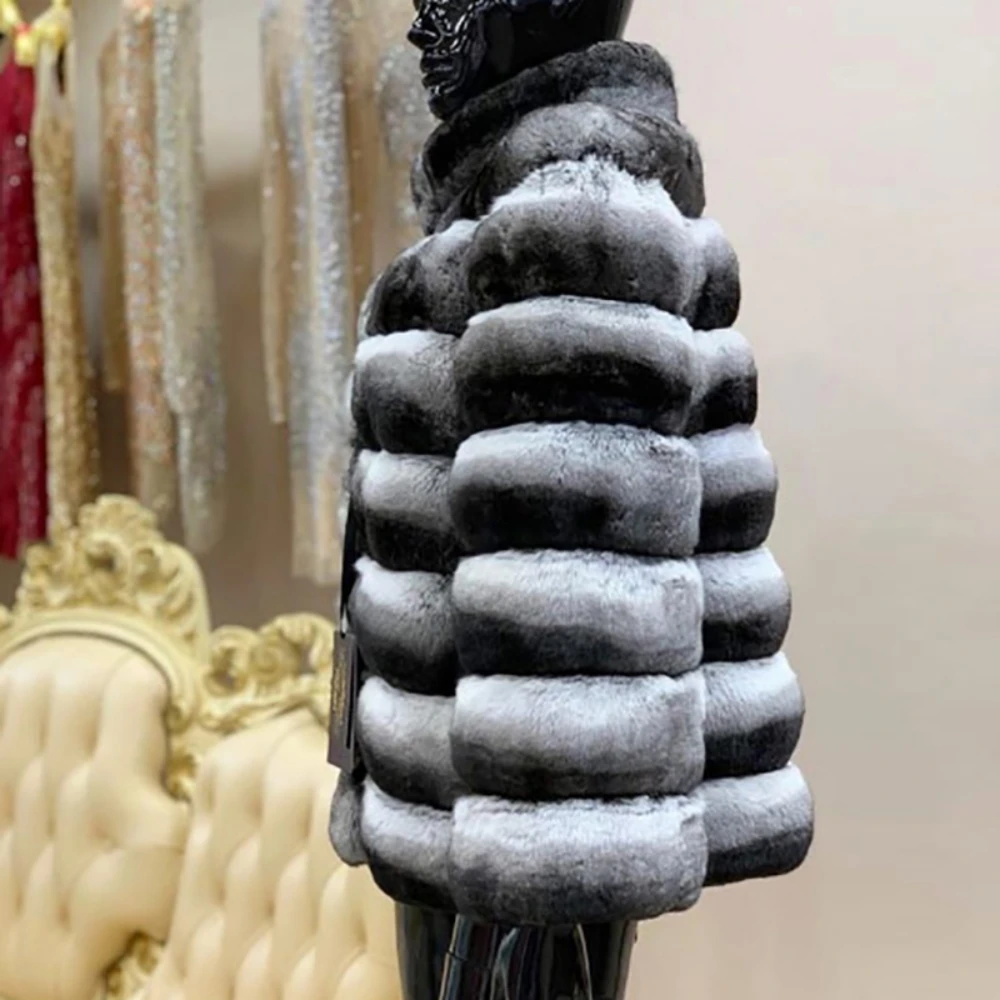 2024 New women's Chinchilla striped jacket Real Rex Rabbit fur fur all-in-one fur coat coat length 60cm package mail winter thic