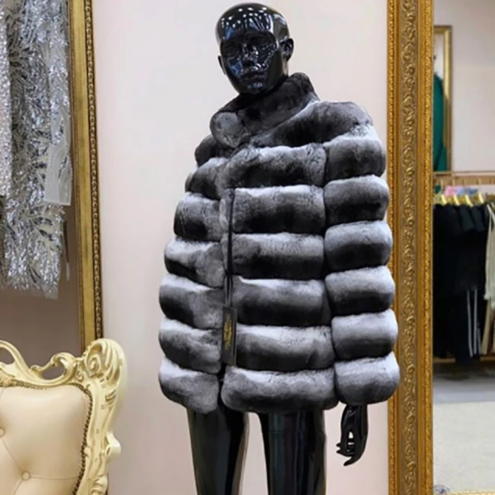 2024 New women's Chinchilla striped jacket Real Rex Rabbit fur fur all-in-one fur coat coat length 60cm package mail winter thic