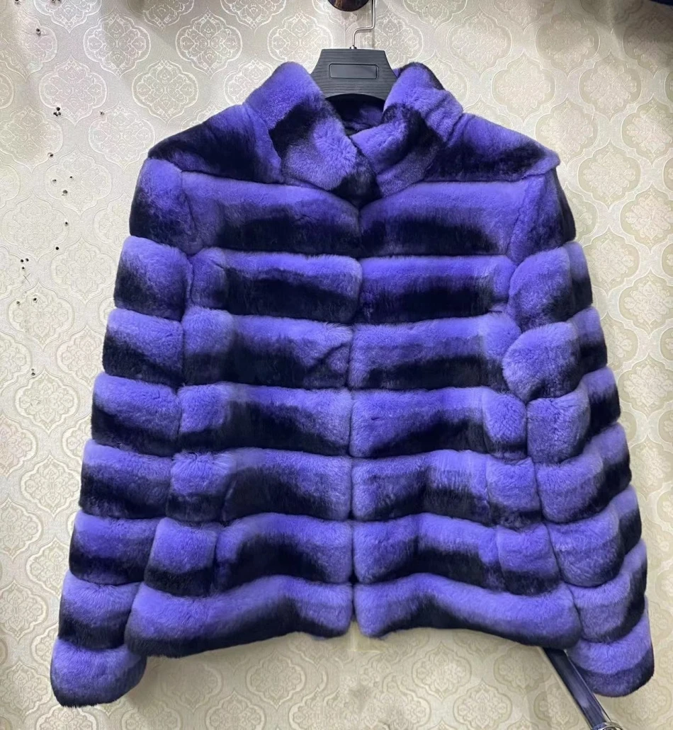 2024 New women's Chinchilla striped jacket Real Rex Rabbit fur fur all-in-one fur coat coat length 60cm package mail winter thic