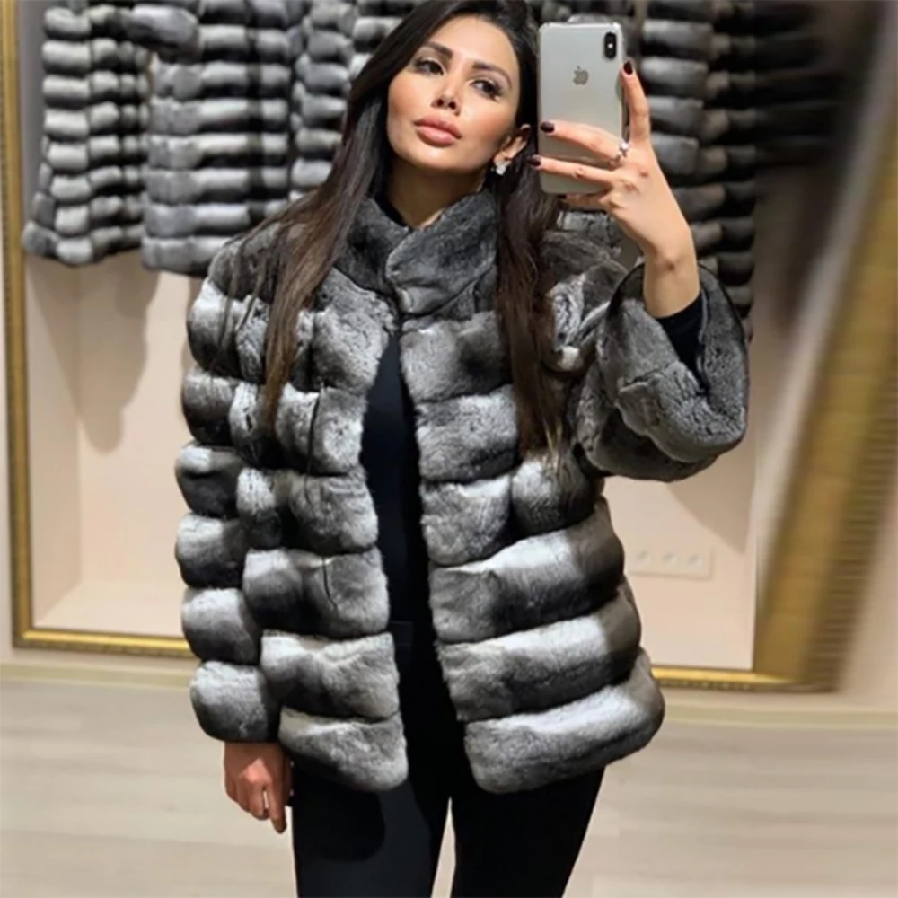 2024 New women's Chinchilla striped jacket Real Rex Rabbit fur fur all-in-one fur coat coat length 60cm package mail winter thic