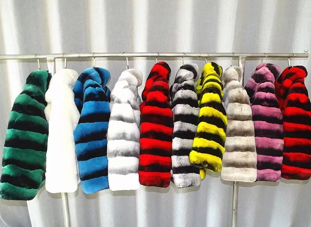 2024 New women's Chinchilla striped jacket Real Rex Rabbit fur fur all-in-one fur coat coat length 60cm package mail winter thic