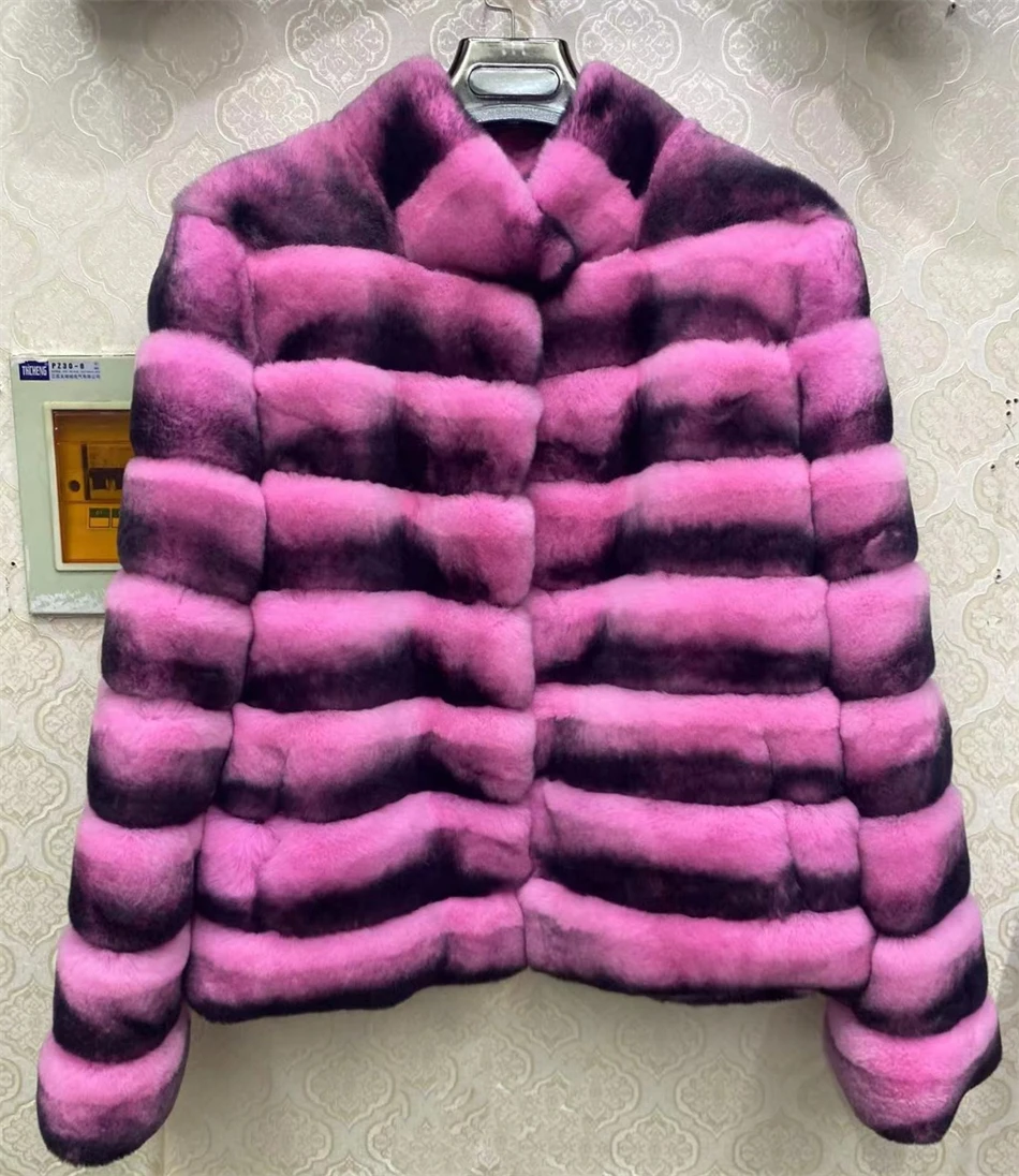 2024 New women's Chinchilla striped jacket Real Rex Rabbit fur fur all-in-one fur coat coat length 60cm package mail winter thic