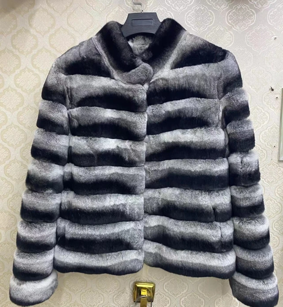 2024 New women's Chinchilla striped jacket Real Rex Rabbit fur fur all-in-one fur coat coat length 60cm package mail winter thic