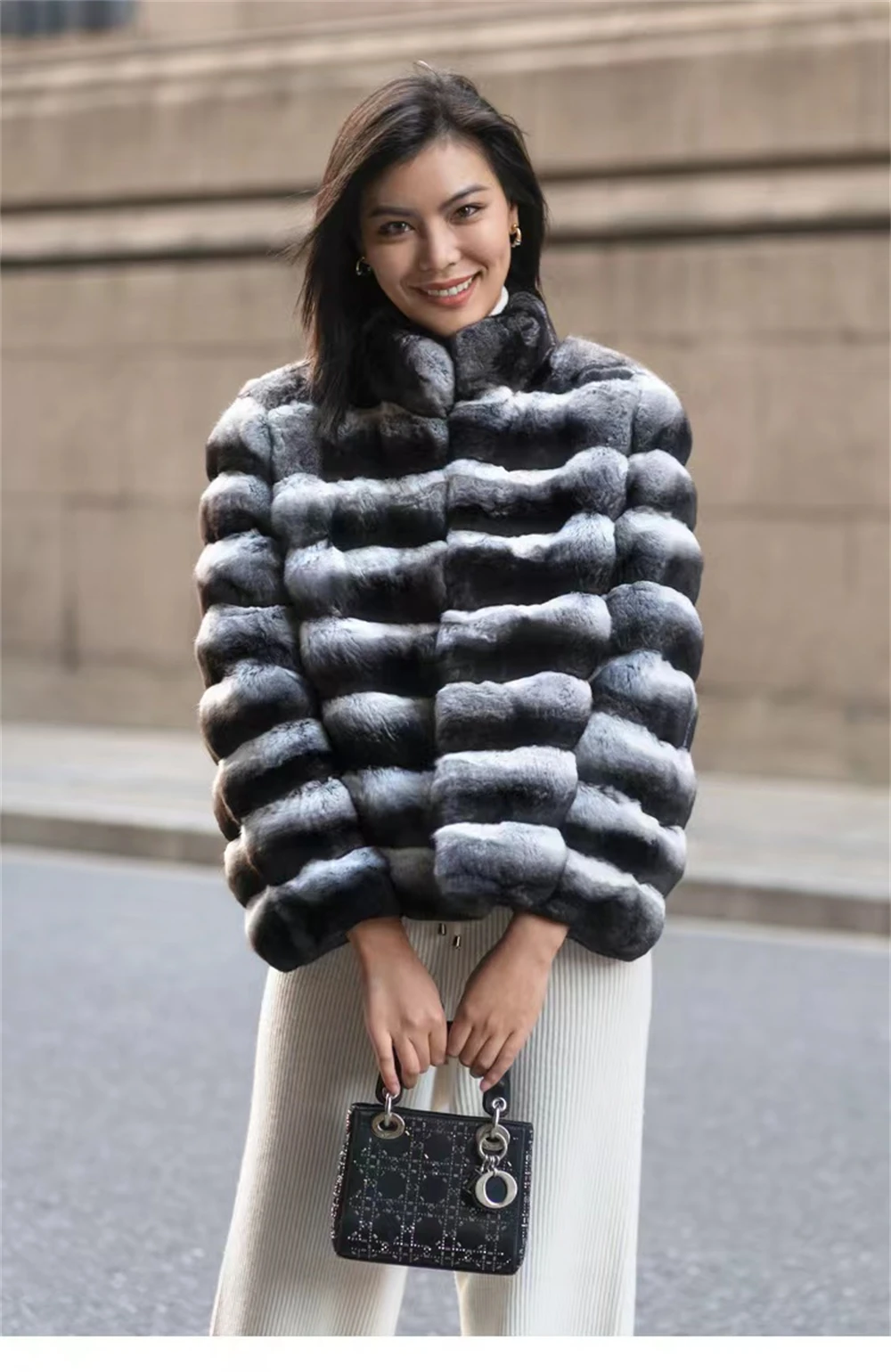 2024 New women's Chinchilla striped jacket Real Rex Rabbit fur fur all-in-one fur coat coat length 60cm package mail winter thic