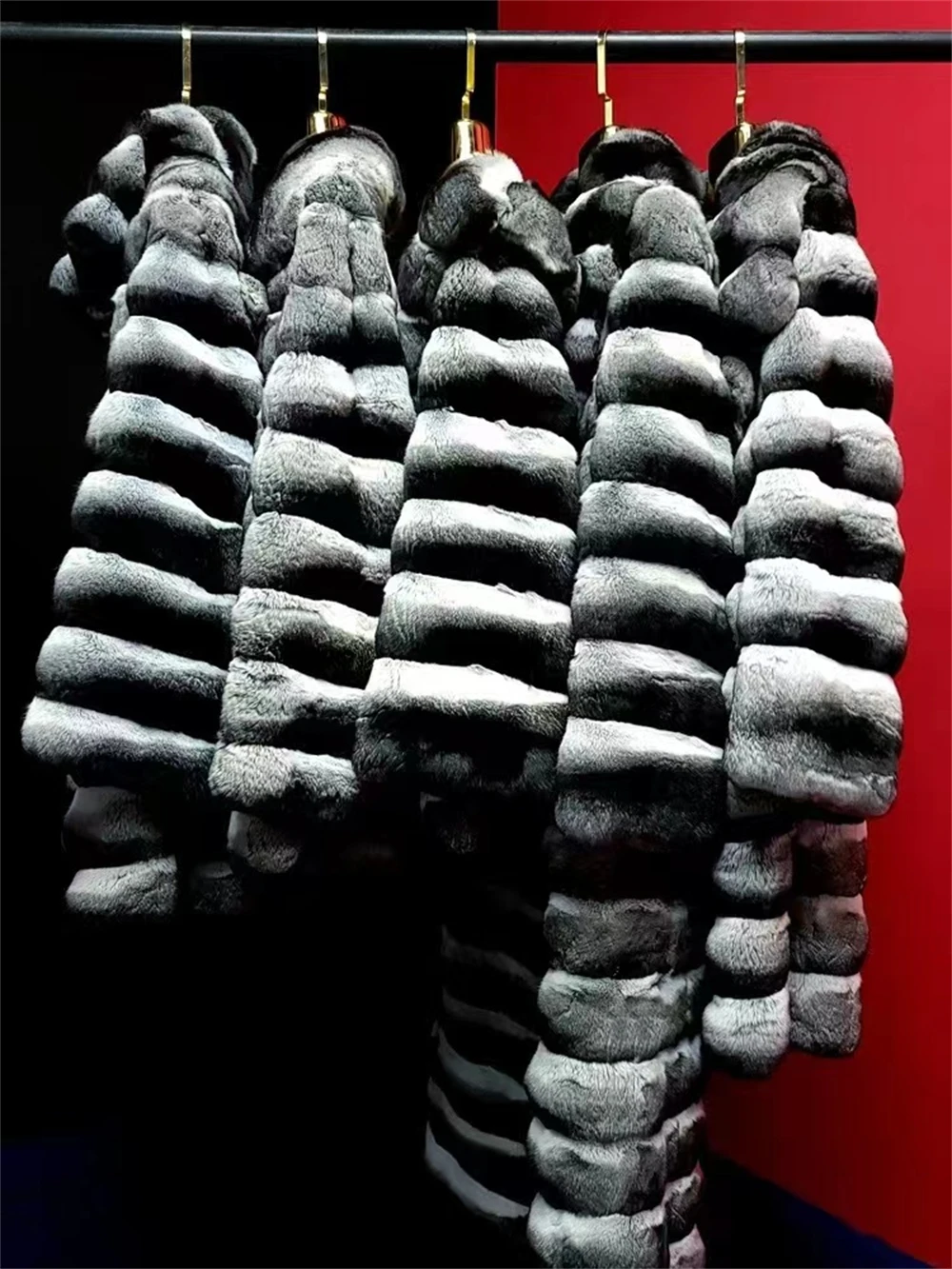 2024 New women's Chinchilla striped jacket Real Rex Rabbit fur fur all-in-one fur coat coat length 60cm package mail winter thic