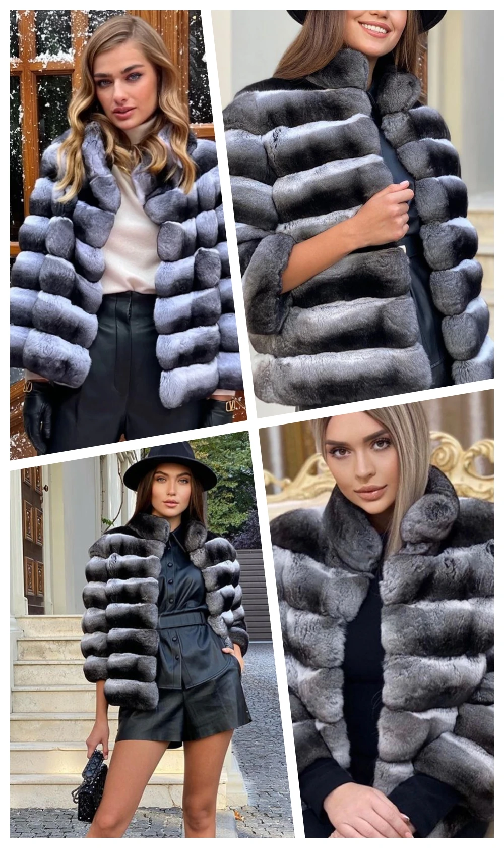 2024 New women's Chinchilla striped jacket Real Rex Rabbit fur fur all-in-one fur coat coat length 60cm package mail winter thic