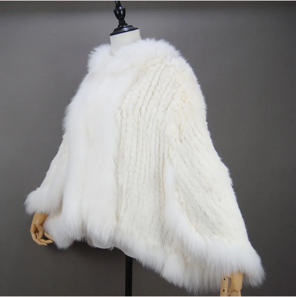 Fashion New Style Real Genuine Natural Knitted Rabbit Fur Shawl Coat With Fox Fur Collar Women's Fashion Knit Jacket Cape