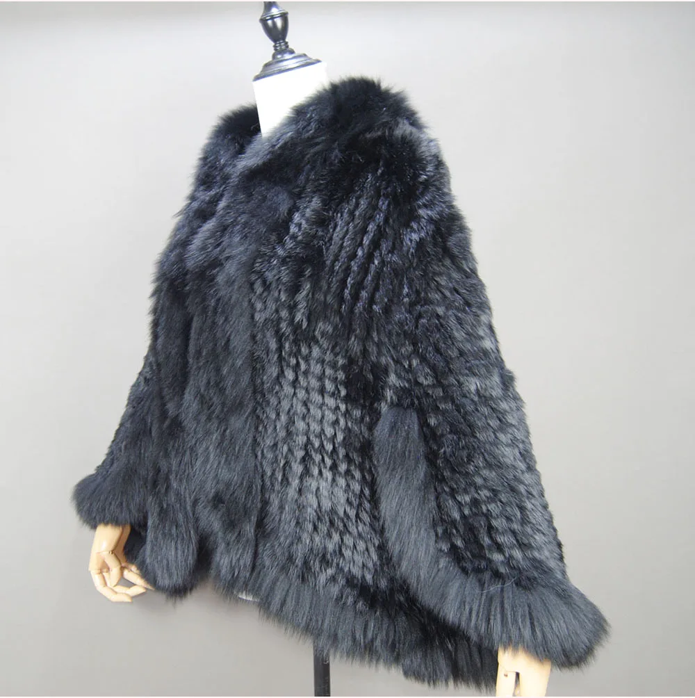 Fashion New Style Real Genuine Natural Knitted Rabbit Fur Shawl Coat With Fox Fur Collar Women's Fashion Knit Jacket Cape
