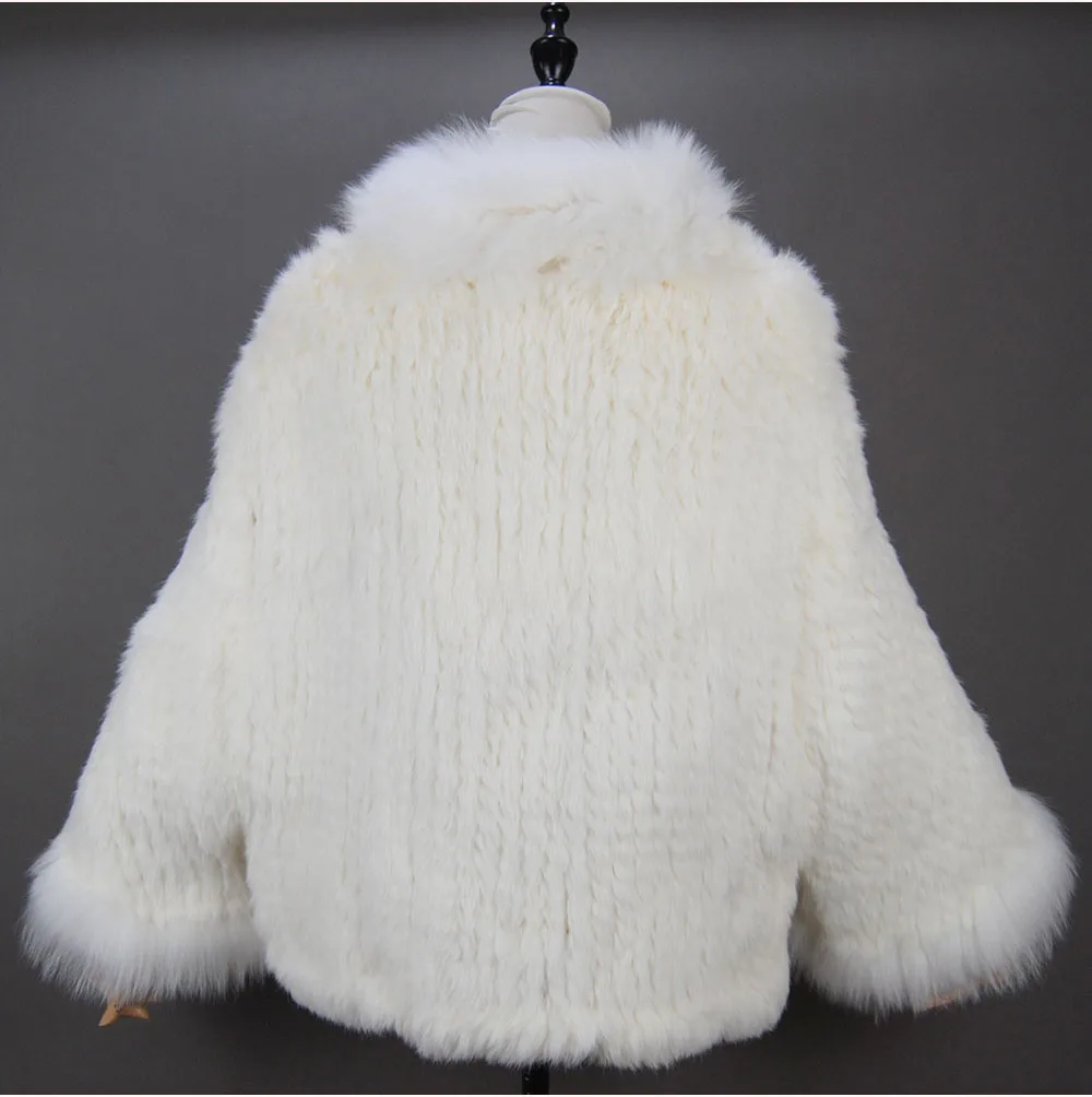 Fashion New Style Real Genuine Natural Knitted Rabbit Fur Shawl Coat With Fox Fur Collar Women's Fashion Knit Jacket Cape