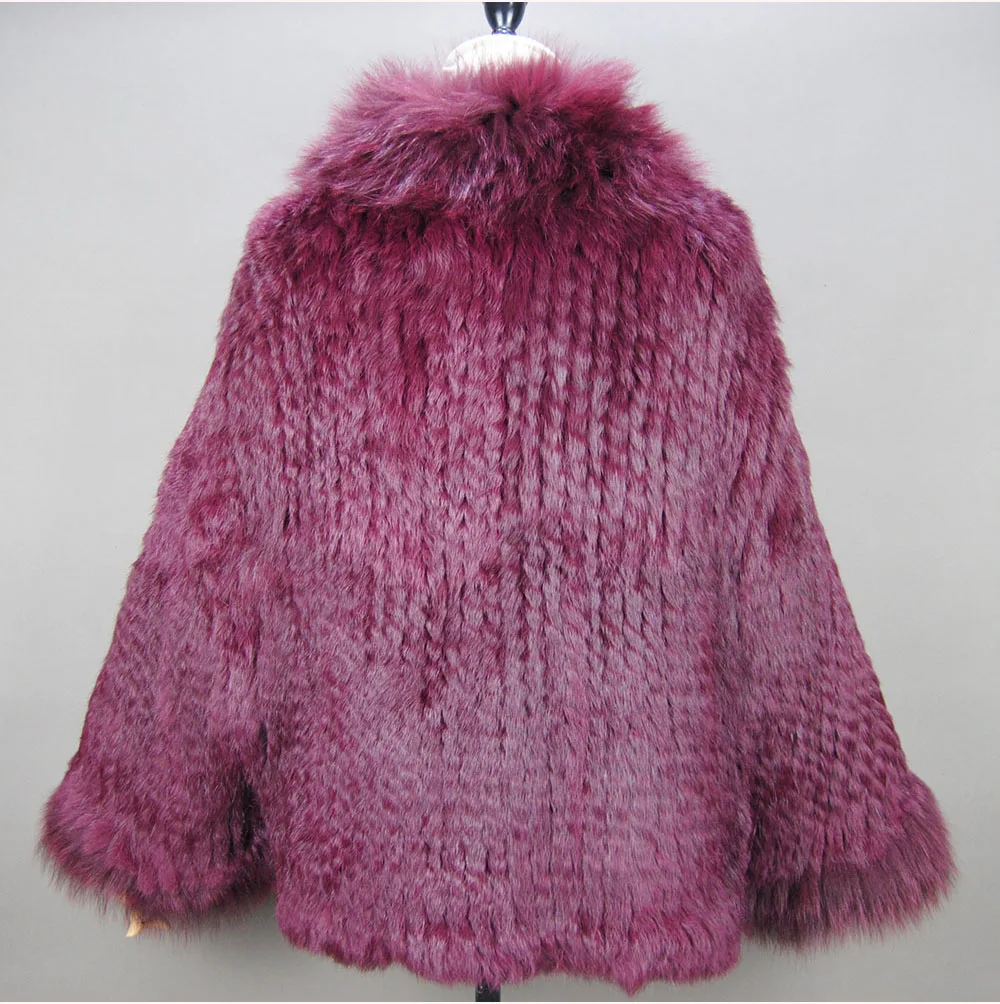 Fashion New Style Real Genuine Natural Knitted Rabbit Fur Shawl Coat With Fox Fur Collar Women's Fashion Knit Jacket Cape