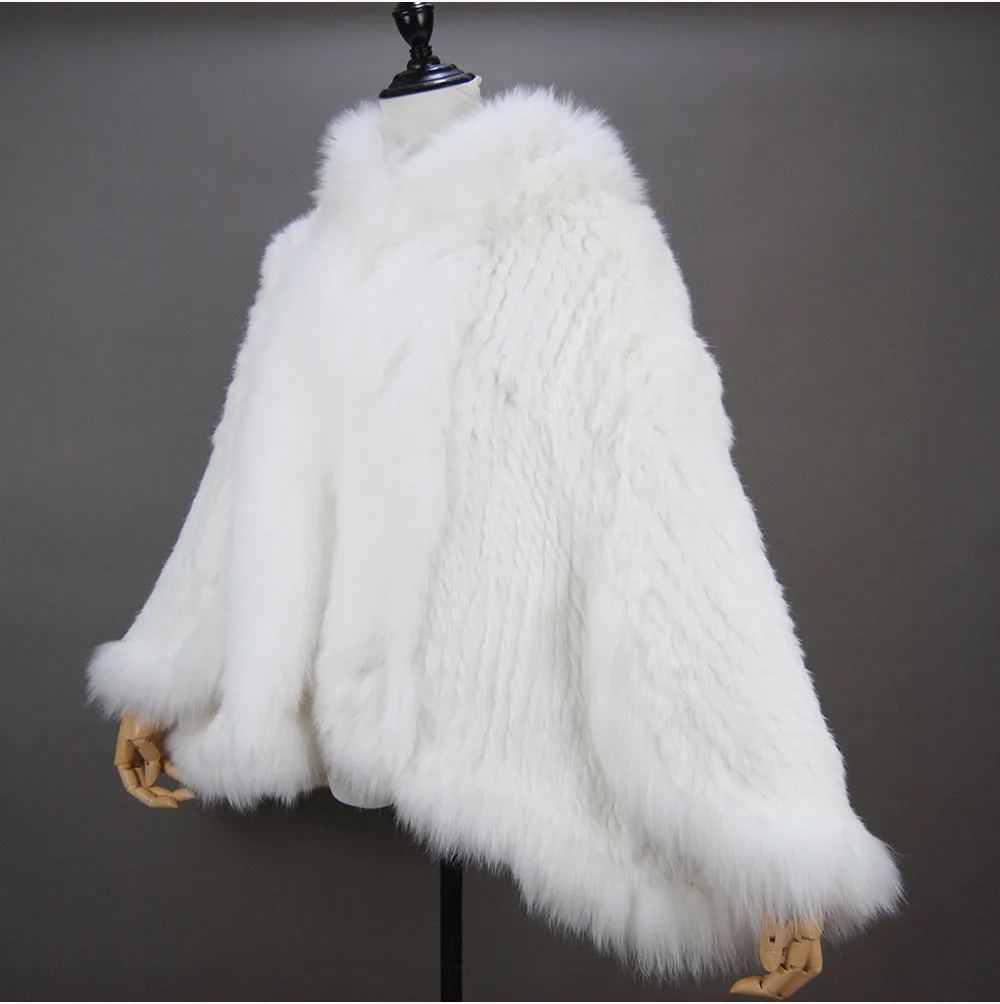 Fashion New Style Real Genuine Natural Knitted Rabbit Fur Shawl Coat With Fox Fur Collar Women's Fashion Knit Jacket Cape