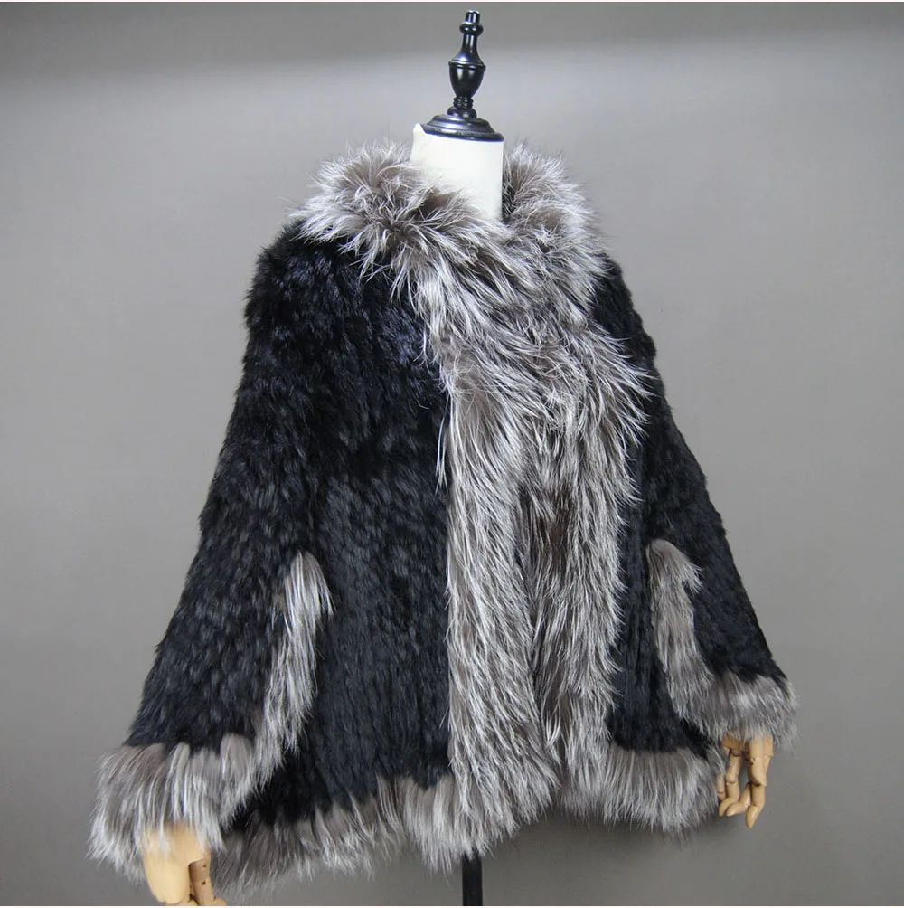 Fashion New Style Real Genuine Natural Knitted Rabbit Fur Shawl Coat With Fox Fur Collar Women's Fashion Knit Jacket Cape