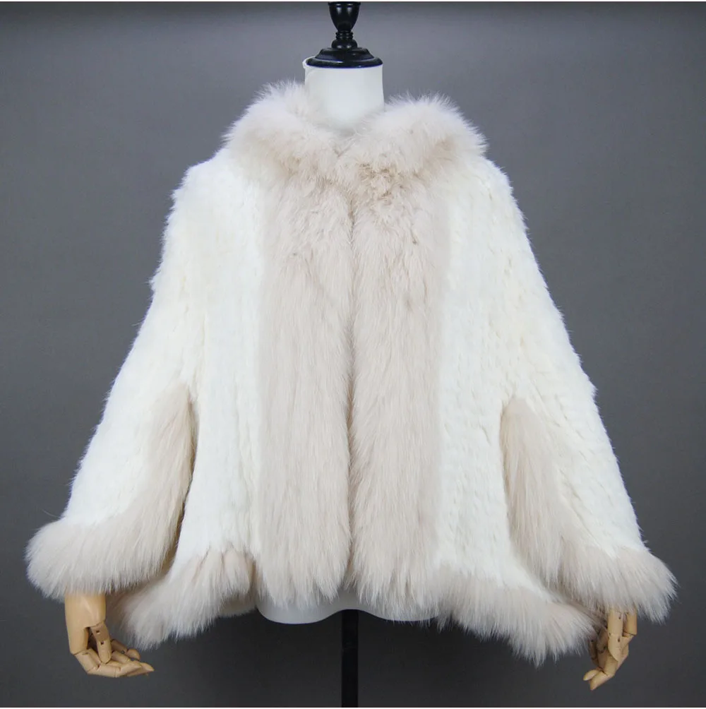 Fashion New Style Real Genuine Natural Knitted Rabbit Fur Shawl Coat With Fox Fur Collar Women's Fashion Knit Jacket Cape